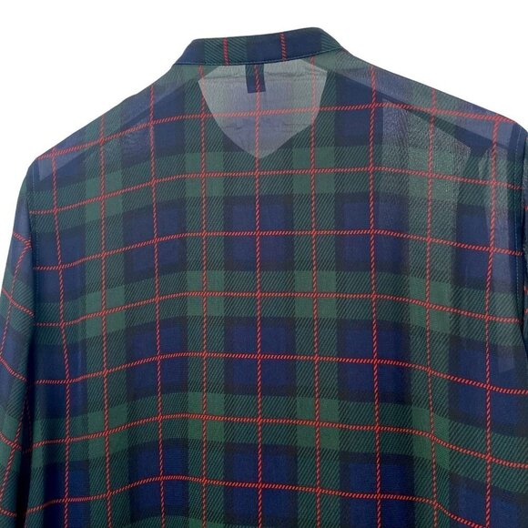CHAPS Plaid Tunic Blouse Size Medium Navy Blue Green Plaid Chiffon Button Up Top - Picture 4 of 9